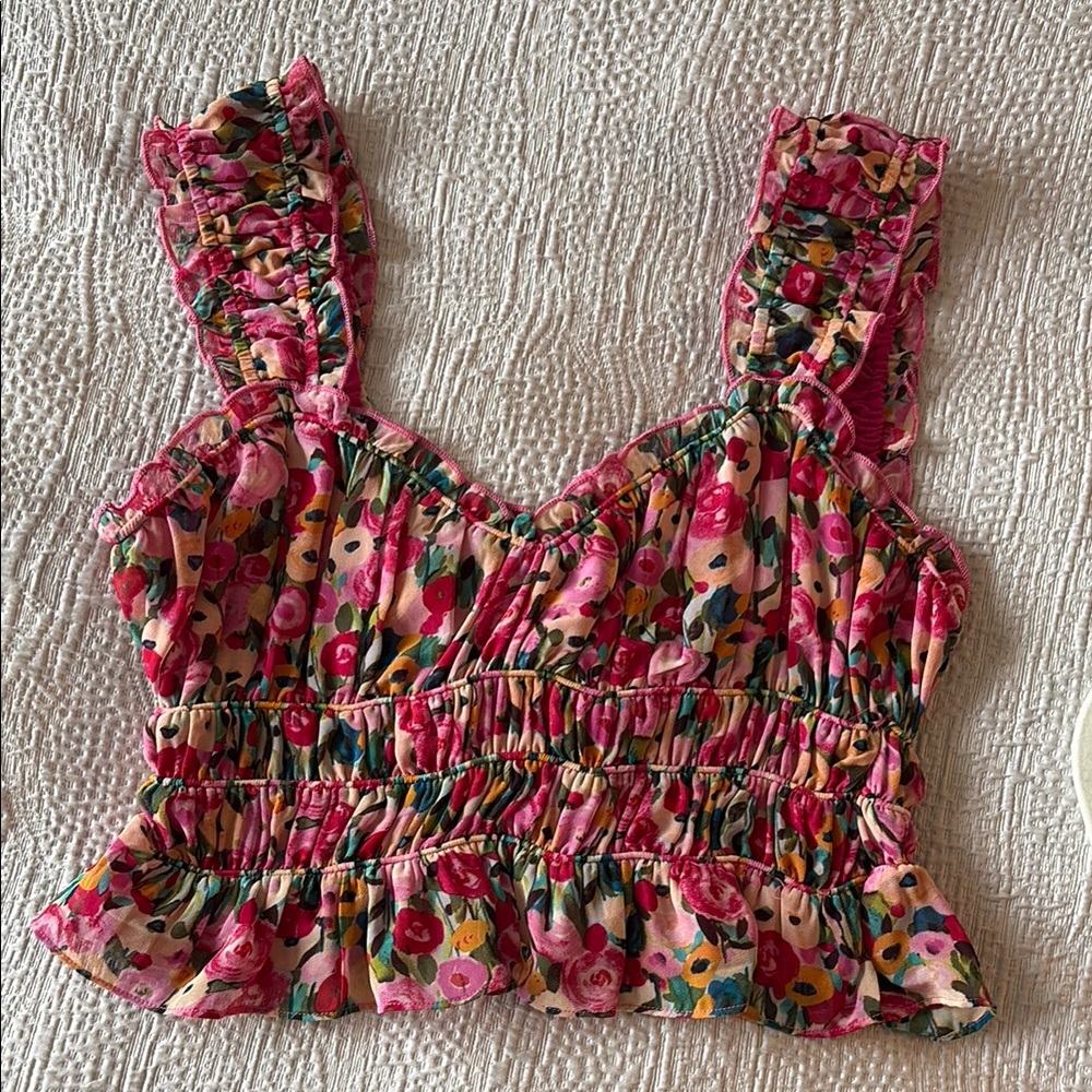 Astr Pink and Red Smocked Crop Blouse